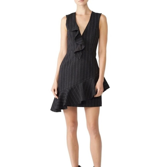 Saylor Charcoal Bettie Pinstripe Ruffle Mini Dress Black Sleeveless V-Neck - Picture 1 of 8